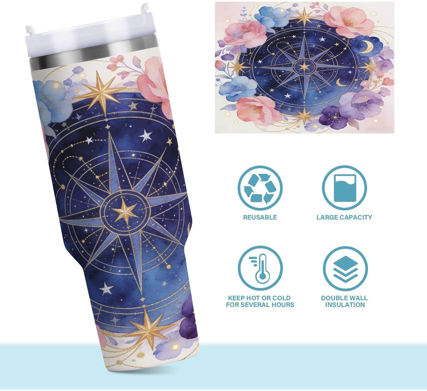 Nordic Style Pattern Vacuum 40 oz Tumbler with Lid and Straw Water Bottle With Handle Reusable Camp Mug for Man & Woman Gift