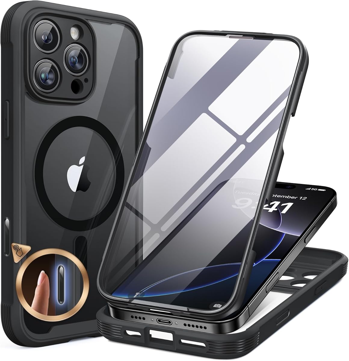 Miracase Magnetic for iPhone 16 Pro Case Full-Body Phone with Built-in Glass Screen Protector, [Compatible with MagSafe] Military Drop Proof 16 Pro Cover Bumper 6.3 inch, Black