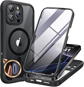 Miracase Magnetic for iPhone 16 Pro Case Full-Body Phone with Built-in Glass Screen Protector, [Compatible with MagSafe] Military Drop Proof 16 Pro Cover Bumper 6.3 inch, Black