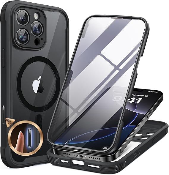 Miracase Magnetic for iPhone 16 Pro Case Full-Body Phone with Built-in Glass Screen Protector, [Compatible with MagSafe] Military Drop Proof 16 Pro Cover Bumper 6.3 inch, Black