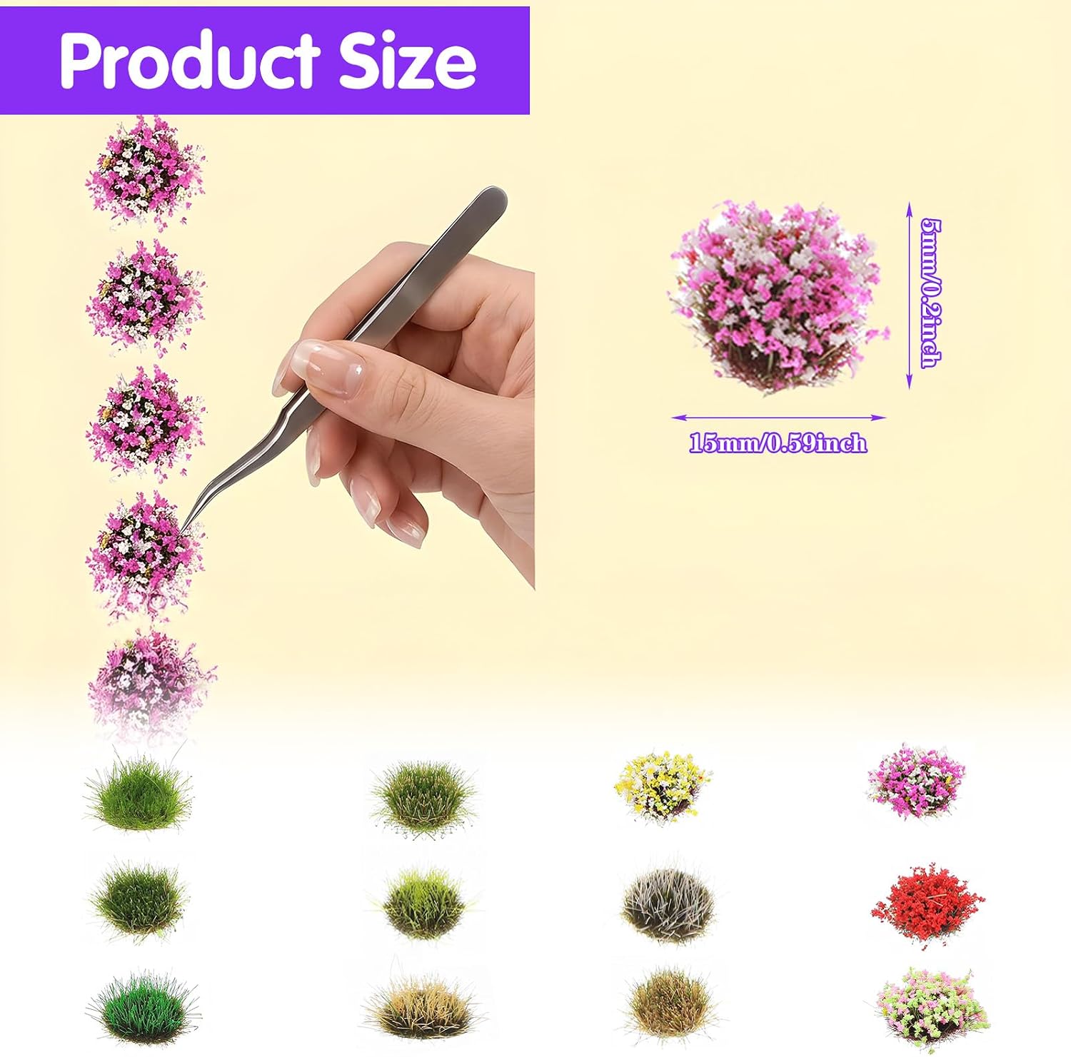Grevosea 110 Pcs DIY Miniature Flowers Plants, Self Adhesive Flower Clusters Static Grass Tufts Lowland Shrubs Model Kit for Train Railroad Scenery Sand Diorama Miniature Bases Terrain