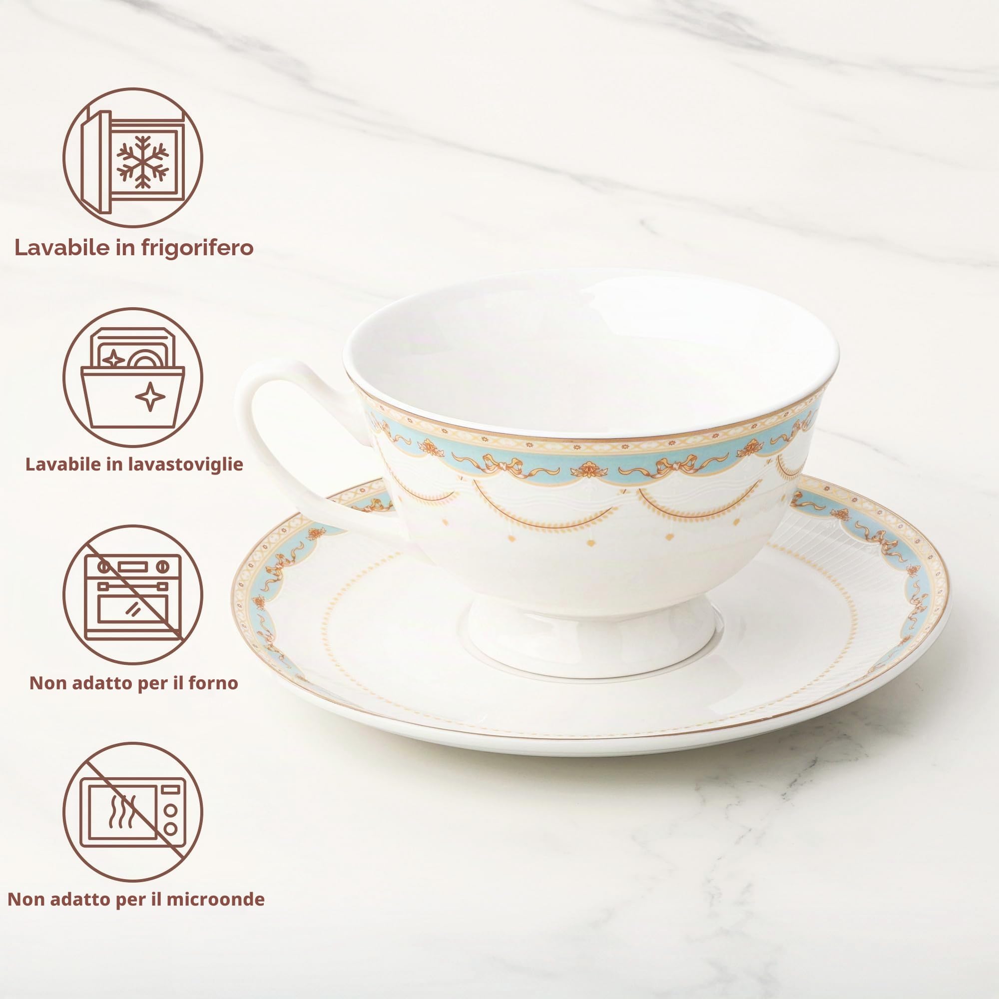 fanquare Tazze da Tè e Piattini in Pizzo Blu Set di 6 Tazze da Caffè Britanniche e Piatti in Osso di Porcellana per Regali per il Tè Pomeridiano
