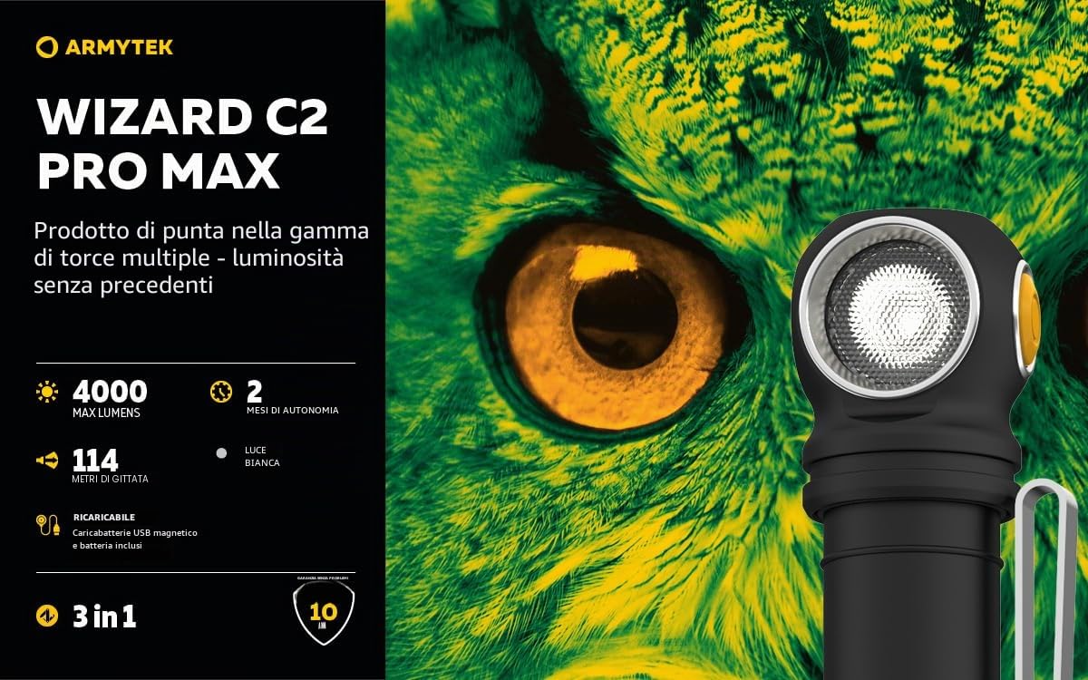 Torcia frontale LED Armytek Nuovo Wizard C2 Pro Max bianco freddo 4000 lumen Ricaricabile USB + batteria 21700 Li-Ion 5000mAh