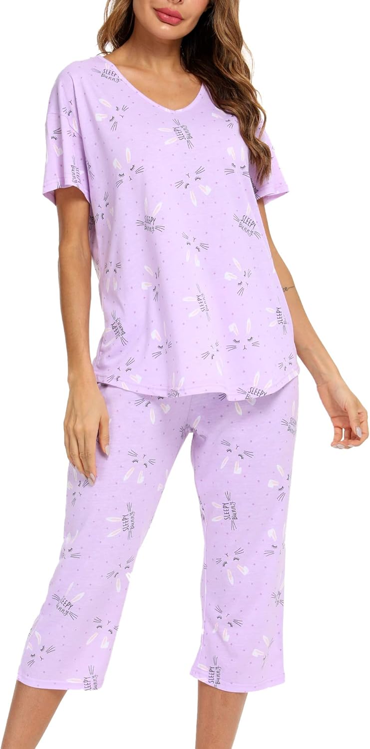 ENJOYNIGHT Womens Pajama Sets Cotton Summer Pjs Tops with Capri Pants Sleepwear - Image 5