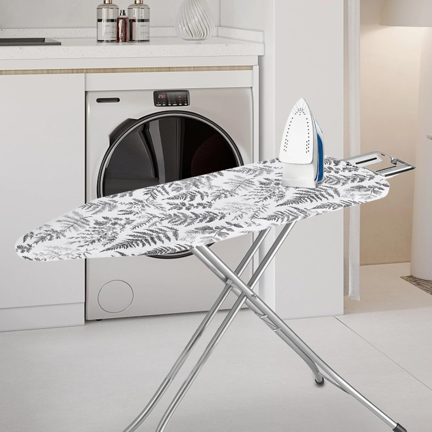 Padded Ironing Board Covers 18 X 49 Fern Leaf Gray Tones Ironing Board Pad and Cover Thick Replacement Drawstring Tightening & Lock, Easy Fit, Scorch & Stain Resistant, Non Slip