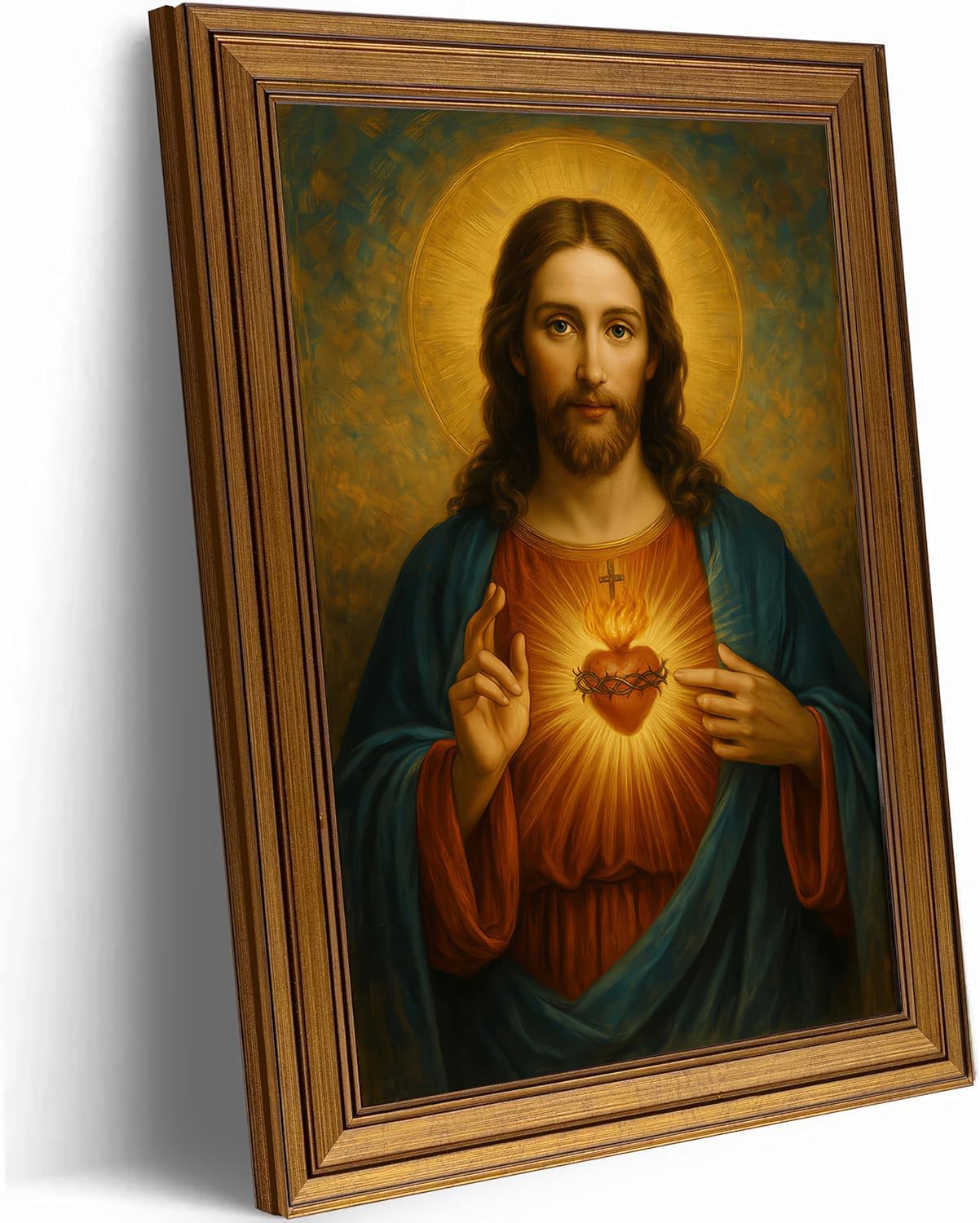 Vintage Gold Framed Wall Art 12x16 Inch Sacred Heart of Jesus Paintings Pictures Wall Decor Christian Canvas Poster Printing Artwork for Living Room Bedroom Prayer Room Home Decoration Ready to Hang