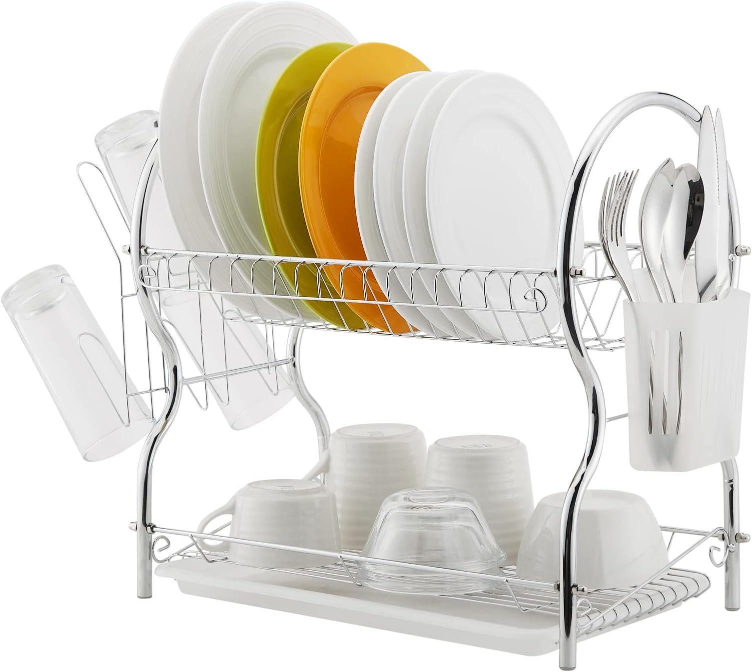 ALHAKIN Dish Drying Rack, 2 Tier Dish Rack with Drain Board Kitchen Organizer, Chrome