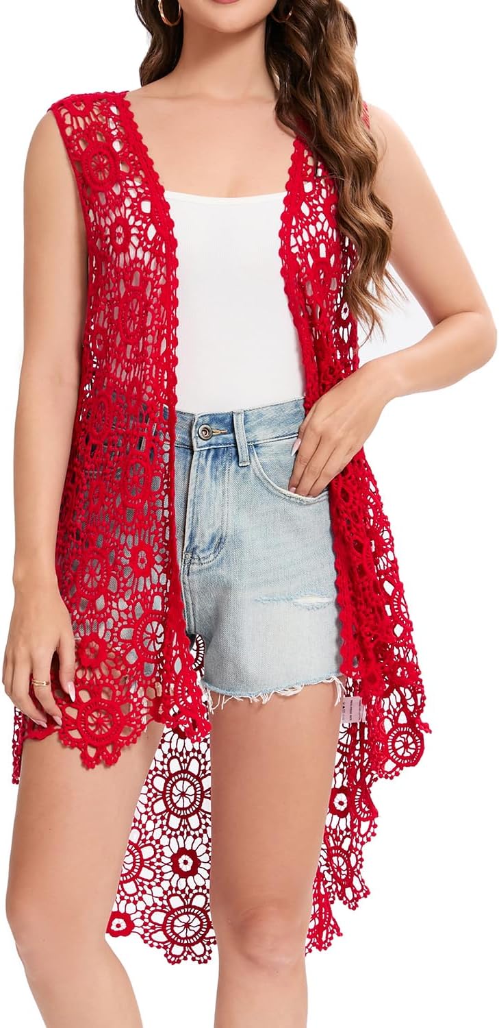 Women's Casual Long Crochet Vest Loose Fit Boho Lace Cover up High Low Sleeveless Cardigan