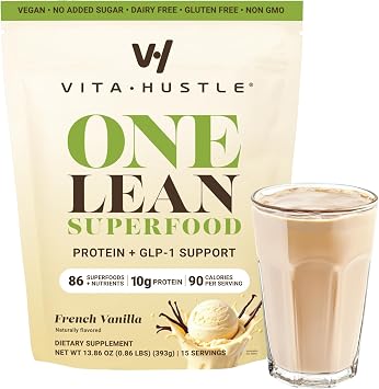 VitaHustle ONE Superfood Lean Protein All-in-One Nutrition Shake with GLP-1 Support, 10g Plant Protein, Ashwagandha, Multivitamins & Postbiotics French Vanilla