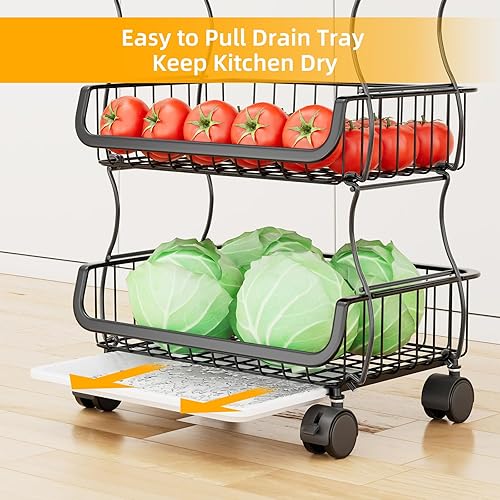Miniatura 2 de Simple Trending Carrito rodante de 6 niveles, cesta apilable de frutas y verduras con ruedas y 2 cestas colgantes, cesta de alambre de metal