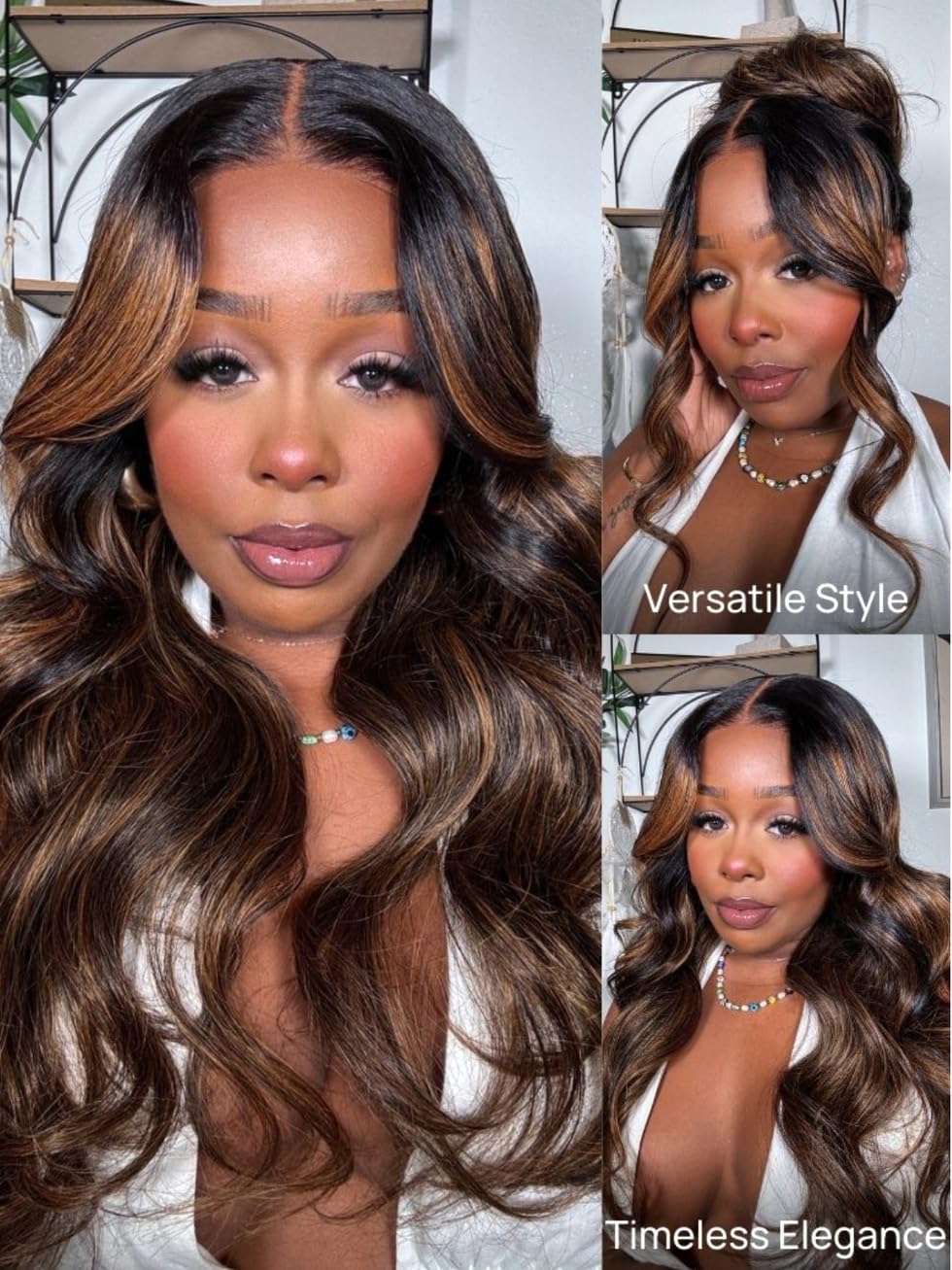 UNICE Balayage Highlight Body Wave 7x5 Lace Front Wigs Human Hair with Drawstring Bye Bye Knots Glueless Wig Human Hair Pre Plucked Pre Cut Put on and Go 150% Density 16 inch