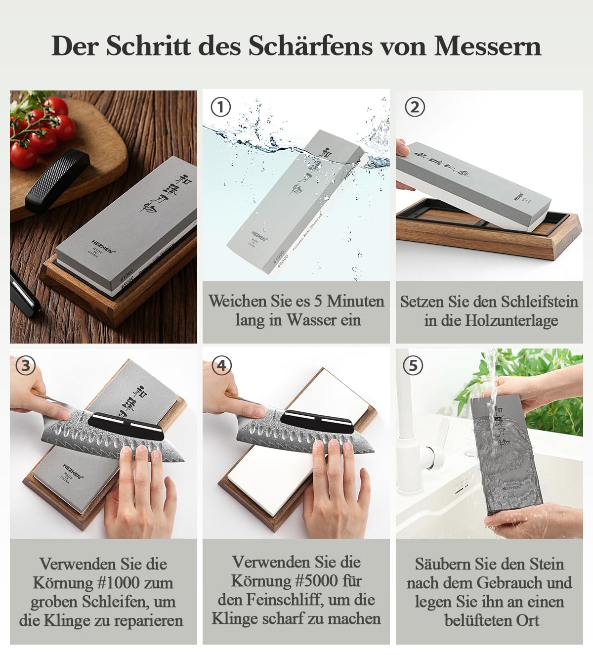 HEZHEN Doppelseitiger Abziehstein, Groß Weißkorund Schleifstein Wetzstein, Professionell Messerschärfer, Körnung1000/5000 mit Rutschfestem Akazienholz Basis, Abflachungsstein,Winkelführung