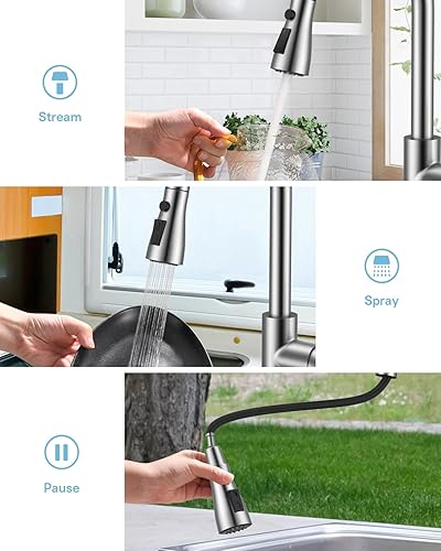 Vista 23 de WEWE Grifo de cocina en cascada con rociador extraíble, 3 modos (barrido/corriente/cascada) modo de interruptor giratorio, grifo de fregadero