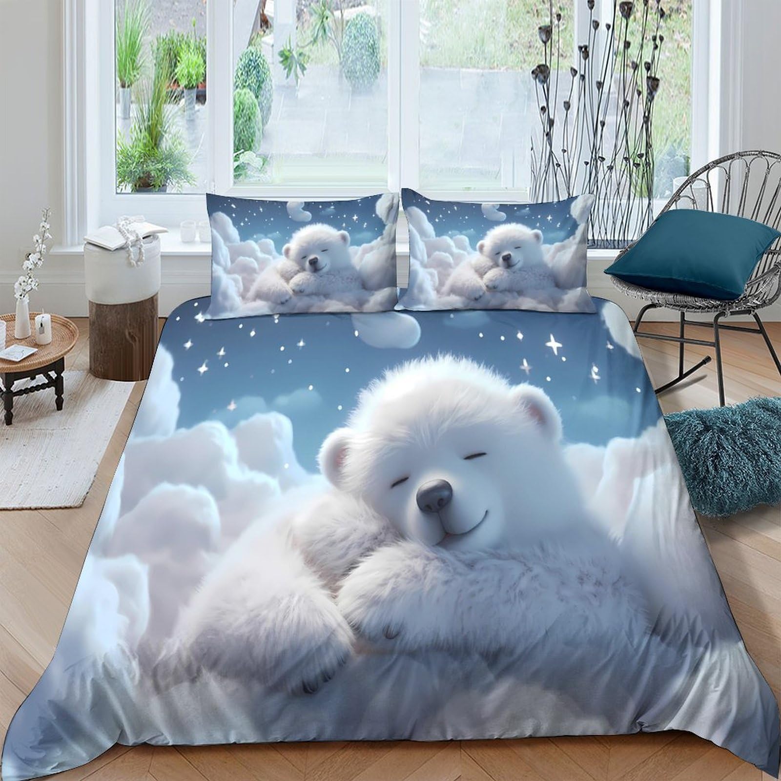 Ctjqhvkz Style-4 3D Printed Sleeping Polar Bear Fitted Sheet Microfiber Soft Blue Sky Clouds Mattress Cover For Bedroom Guest Room Single（135X200cm）