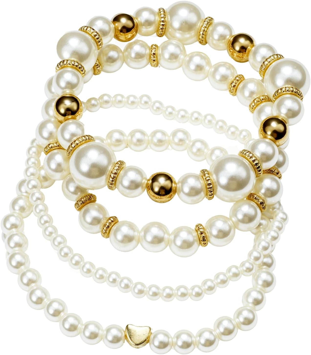 Gold And White Pearls Bracelet Layered Pearl Stretch Bracelets Set For Women Simulated Pearl Beaded Bracelet With White Pearls Stackable Stretch Bracelet Multilayered Elastic Pearls Bracelets