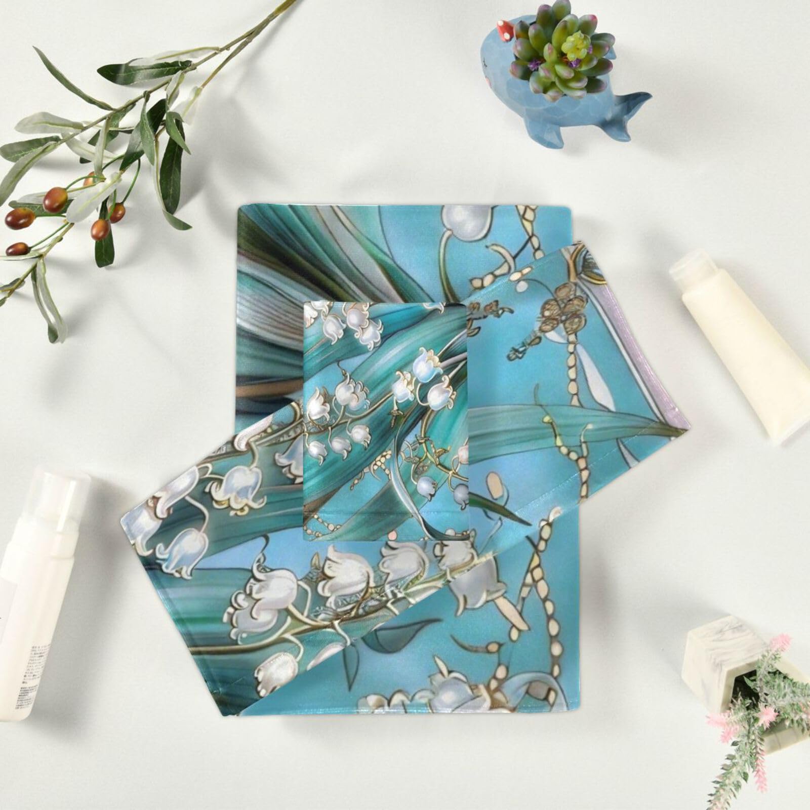 Boho Lily Of Valley Floral Blue Doccia Asciugamani Viso Set 3 Pezzi, 1 Asciugamano da Bagno 1 Asciugamano 1 Asciugamano per il corpo Viso Bagno