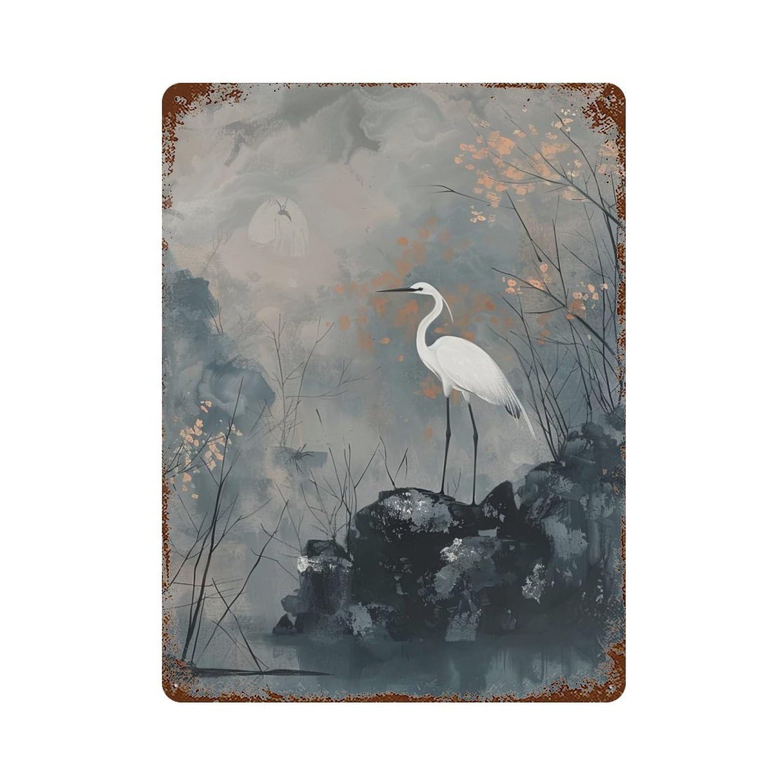White Heron in Misty Landscape Rusty Metal Tin Sign 15.7"x11.8", Ideal for Farmhouse, Kitchen And Entryway Decor