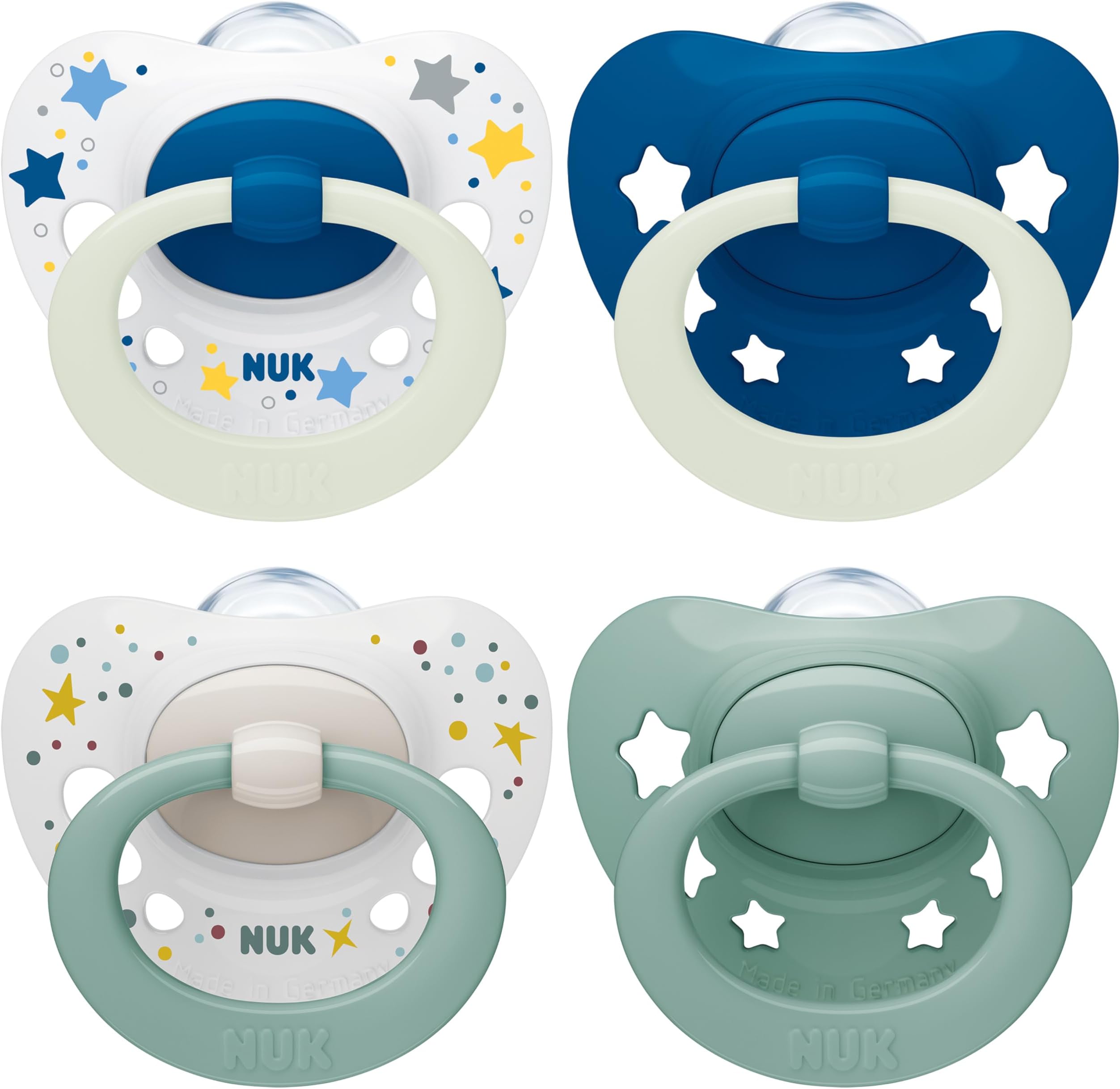 NUK Signature Day & Night Baby Pacifier | 0-6 Months | Soothes 95% of Babies | BPA Free Silicone Heart Shaped Pacifier | Glow in the Dark | Stars | Pack of 4