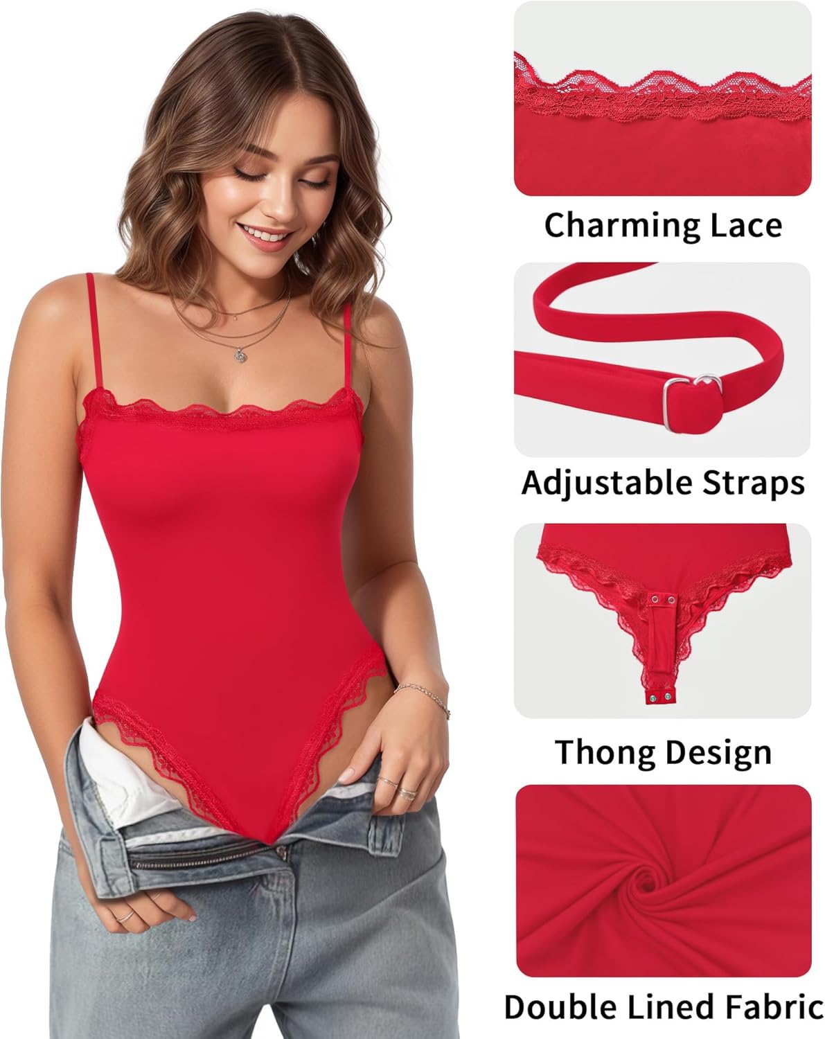 MANGOPOP Women's Cami Thong Bodysuit Double Lined Square Neck Backless Body Suit Adjustable Spaghetti Strap Tank Tops - Image 5