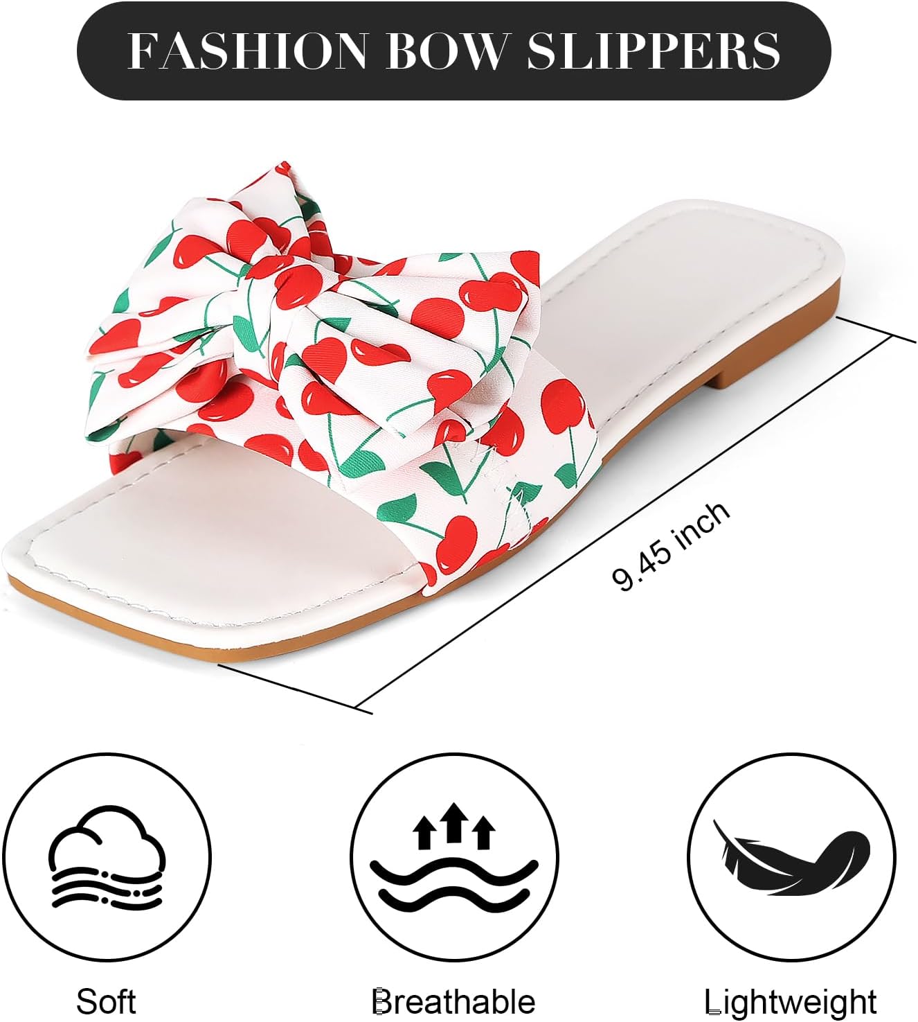 Women's Bow Slippers Cute Cherry Print Flat Slides Soft Breathable Lightweight Casual Summer Slippers Indoor Outdoor Beach Sandals for Women
