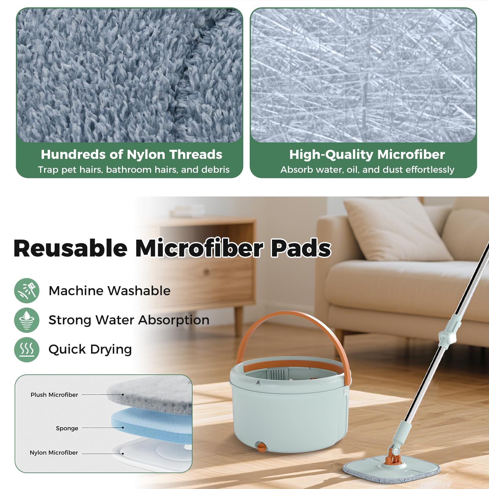LIFEZEAL 2 Mopas de Fregona Profesional, Giratoria, 3 Paños de Limpieza, Escurridor, Doble Cubo, Filtro, Desagüe, Longitud Ajustable, Separación de Agua, Ligera (Verde Claro 2 Cabezales + 9 Paños)