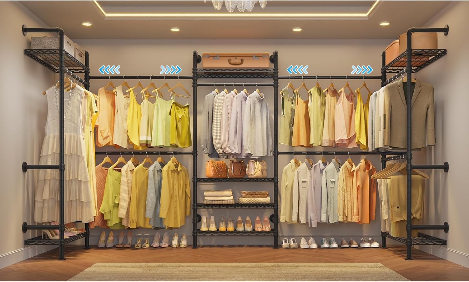 Timate U5 Expandable Wall Mounted Clothes Rack, Walk in Closet, Heavy Duty Industrial Pipe Clothing Rack with 4 Expandable Hanger Rods & 8 Adjustable Shelves, Fits Spaces 8'- 10', Black