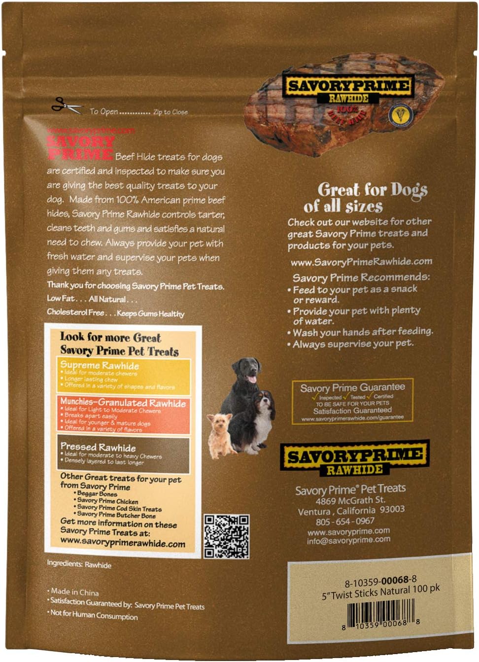 Savory Prime Rawhide 100% Beef Hide Natural Twist Sticks, 5 Inches