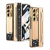 ZORSOME for Samsung Galaxy Z Fold 5 Bling Glitter Hinged Stand Case for Girls Women,Luxury Bling Full Protecive Shockproof PC Case Cover for Samsung Galaxy Z Fold 5,Black