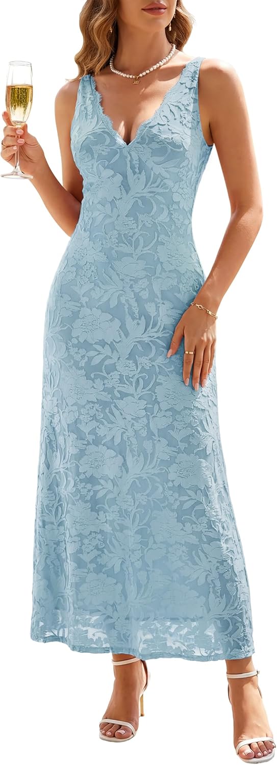 Women's Lace V Neck Floral Mesh Bodycon Maxi Dress Summer 2026 Elegant Long Formal Dress Wedding Guest Cocktail Party