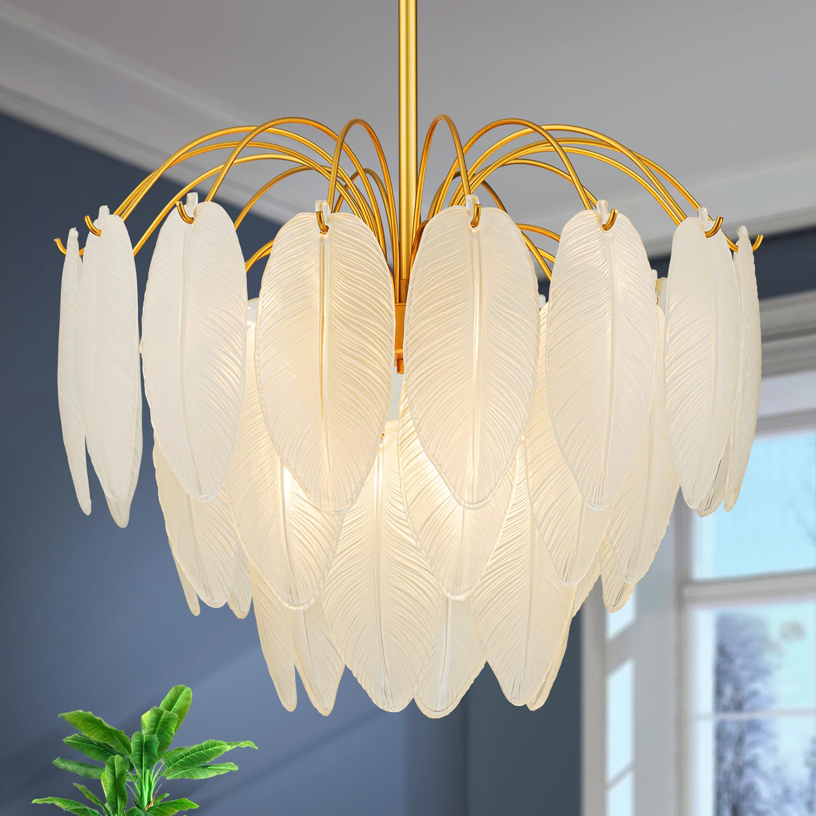 6-Light Gold Chandeliers, Modern 3-Tier Pendant Light Fixture for Dining Room, Living Room, Adjustable Height 19~51", Frosted Feather-Shaped Glass Shade & Brass Finish Frame