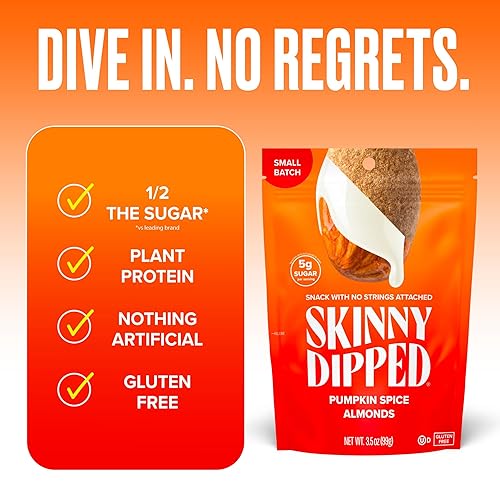 Miniatura 3 de SkinnyDipped Almendras de especias de calabaza, aperitivo saludable, proteína vegetal, sin gluten, bolsas resellables de 3.5 onzas, paquete de 5