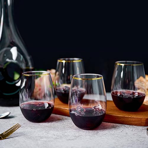 Miniatura 7 de FOCUSLINE 20 copas de vino de plástico de 16 onzas, borde dorado sin tallo, vasos desechables resistentes, reutilizables, inastillables para fiestas
