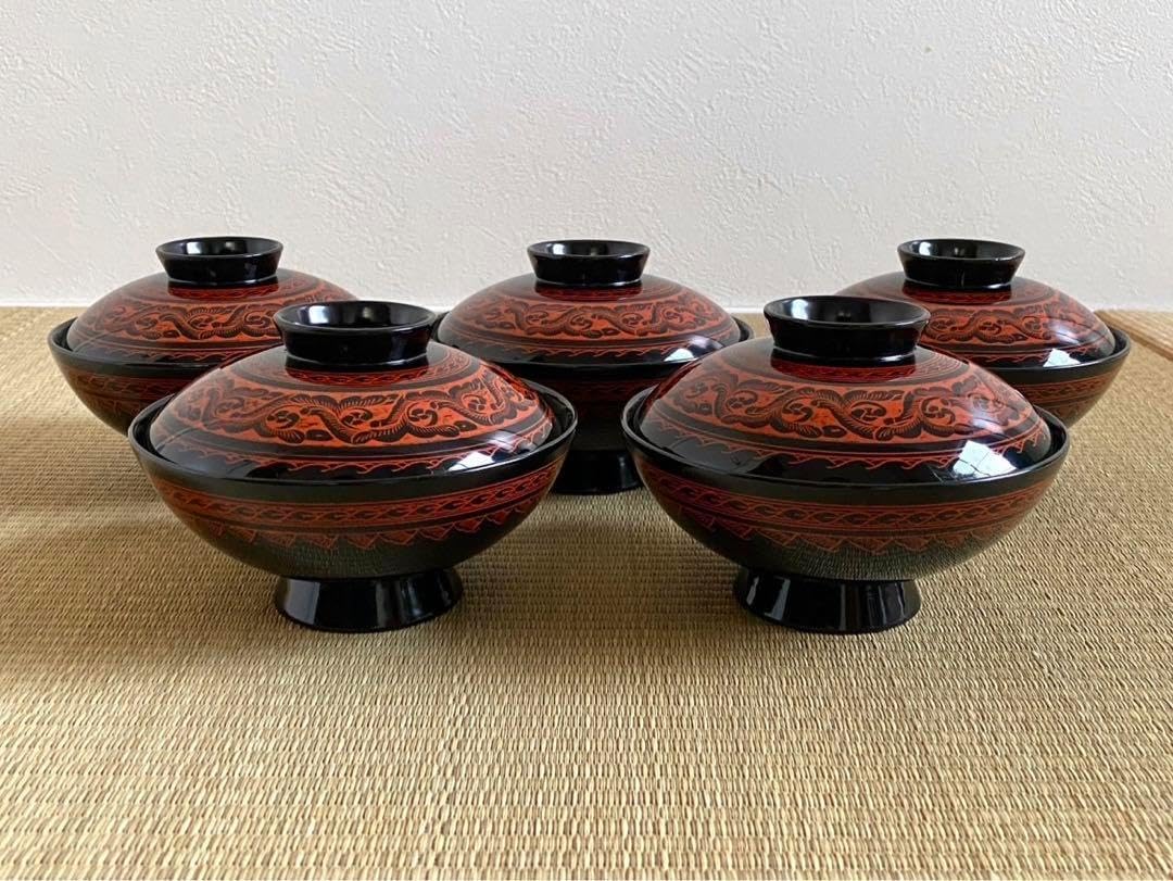 香川漆器 文新堂 蒟醤 蓋付吸物椀 5客組 漆塗 天然木