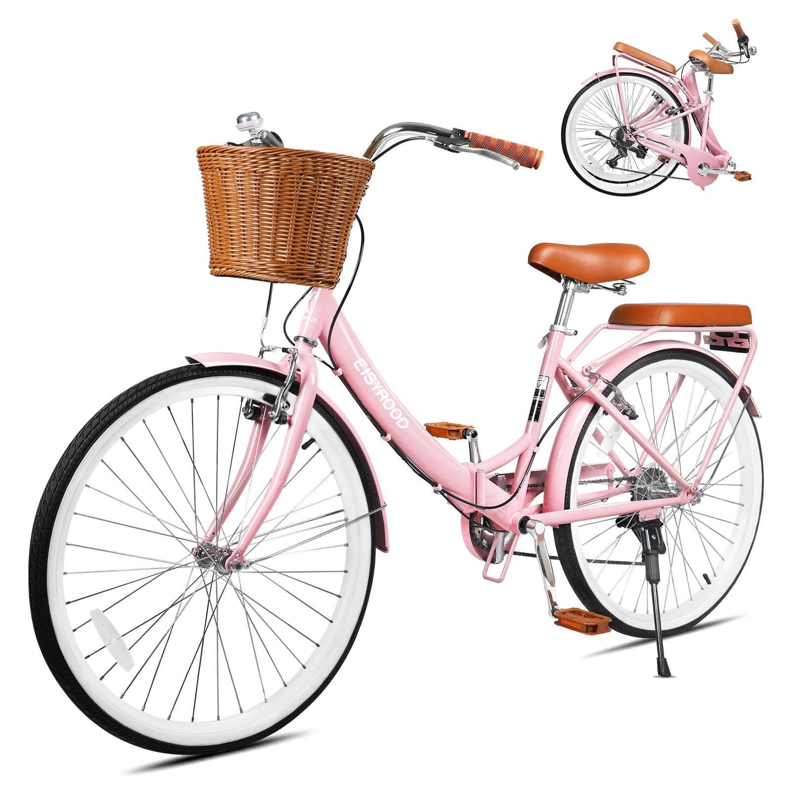 kaiwrxin 26 Inch Folding Beach Cruiser Bike for Women, 7-Speed Ladies Bike with Basket & Rack (Pink)
