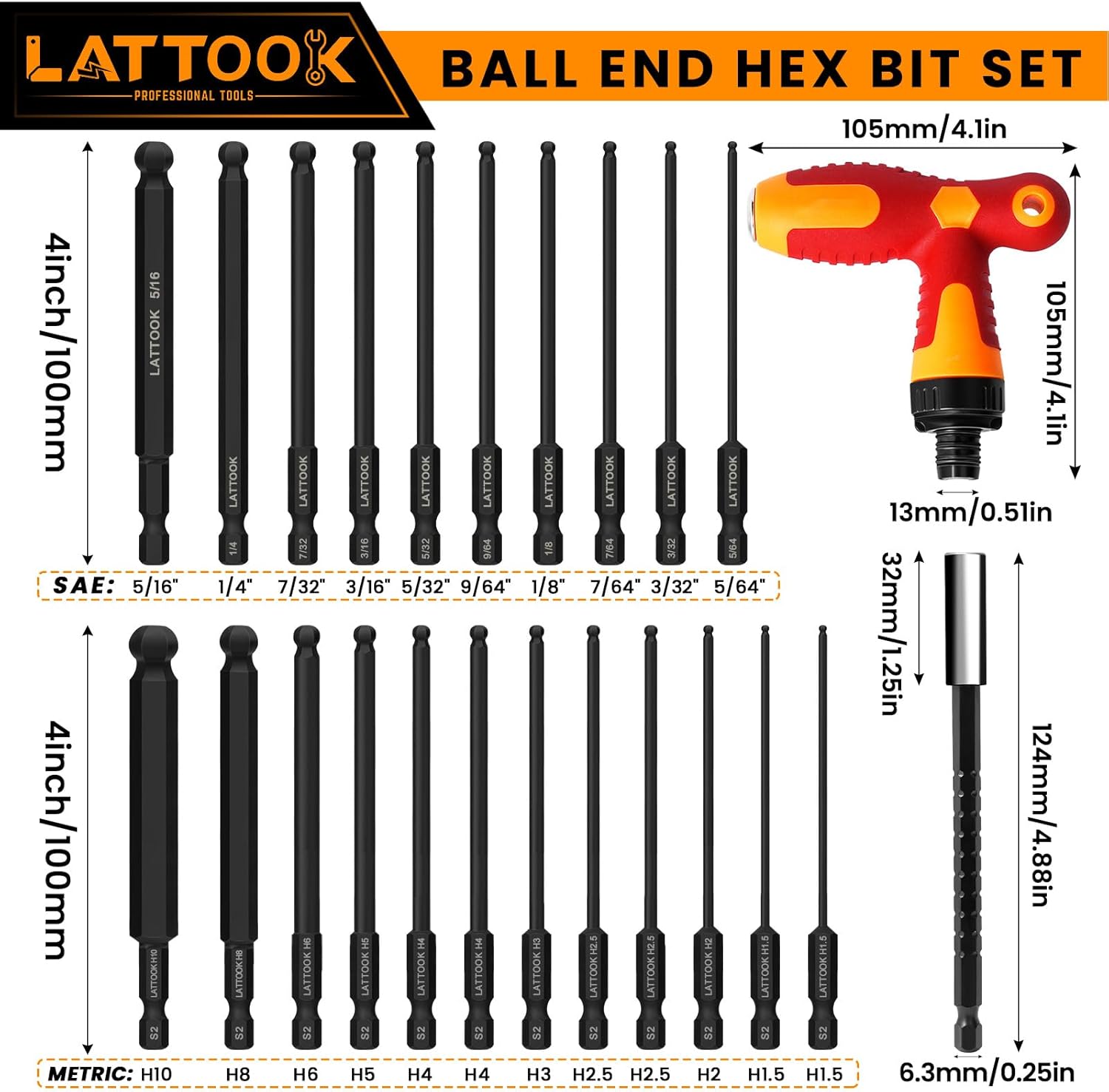 Ball End Hex Head Allen Wrench Drill Bit Set with Ratcheting T Handle Bit Driver, LATTOOK 22PCS Metric & SAE Ball End Hex Allen Key Bit Set, S2 Steel, 4'' Long
