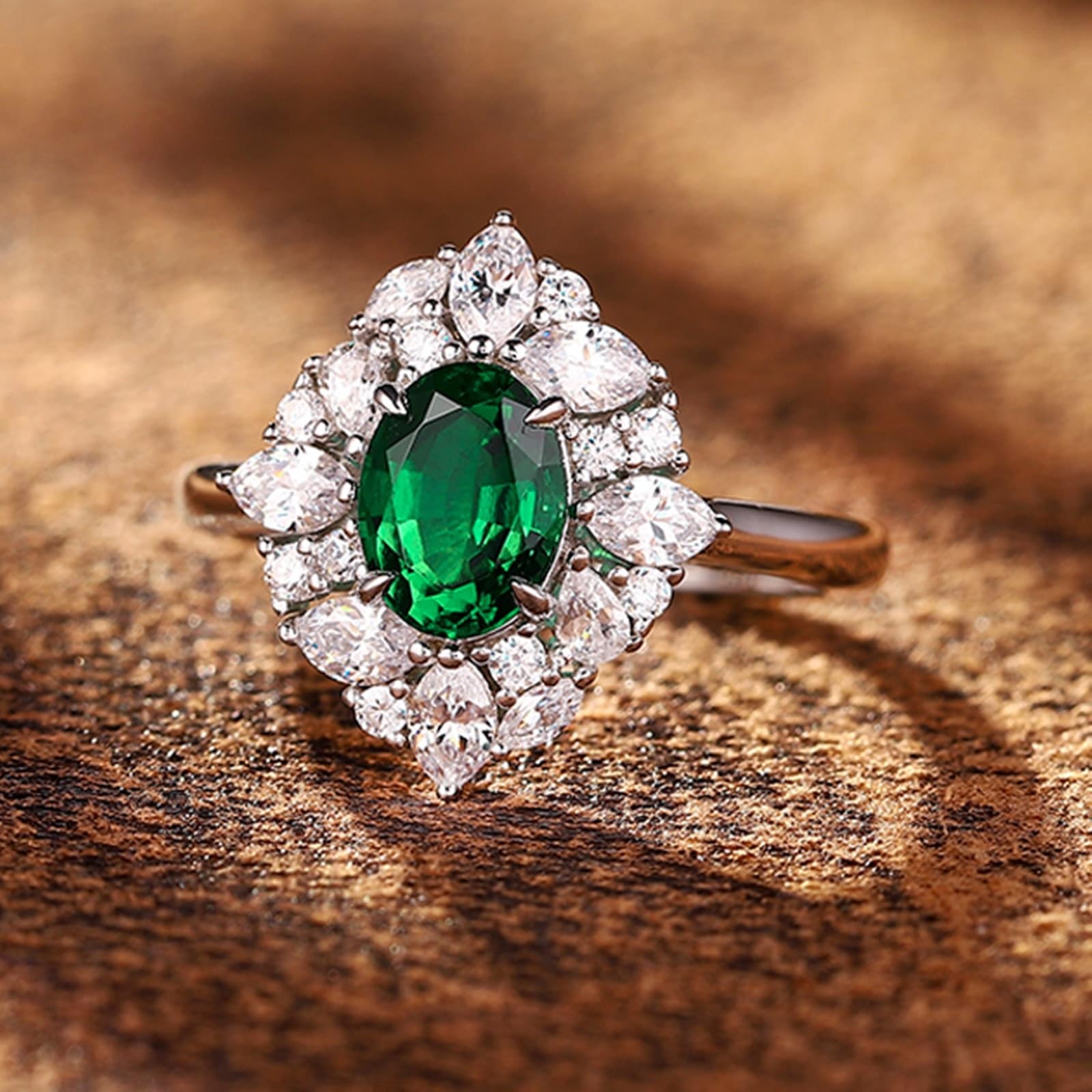 Bague de fiançailles en or blanc 9 K/14 K/18 carats - Créée en laboratoire - Design émeraude rhombus - 18/14/9 carats - Avec moissanite véritable - Taille 47-70