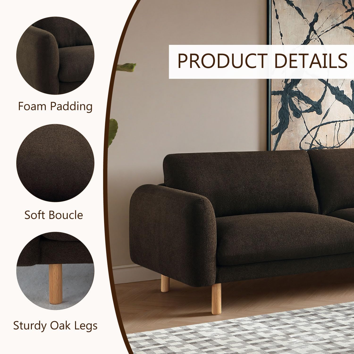 Get Set Style Scandi 3 Seater Sofa Couches, 86” Minimalist Modern Upholstered Sofa with Comfort Cushions Couch for Living Room & Apartment (Chocolate, Sofa)