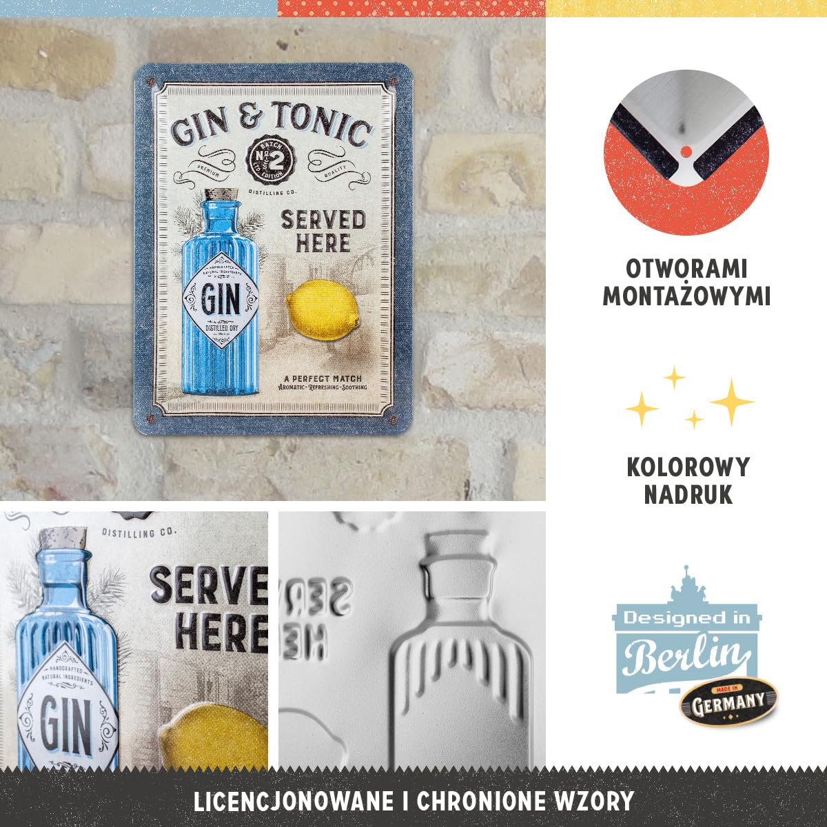 Nostalgic-Art Retro tabliczka z blachy, 15 x 20 cm, Gin & Tonic Served Here – Pomysł na prezent dla miłośników barów, z metalu, Styl vintage