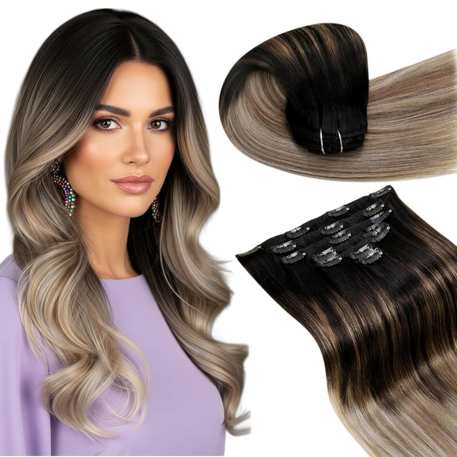 LaaVoo Clip in Extensions Echthaar 60cm Balayage Braun Clip in Extensions Ombre Schwarz Braun Blond Echthaar Clip Echthaar Extensions Remy Haar 7pcs 120g #1B/8/22