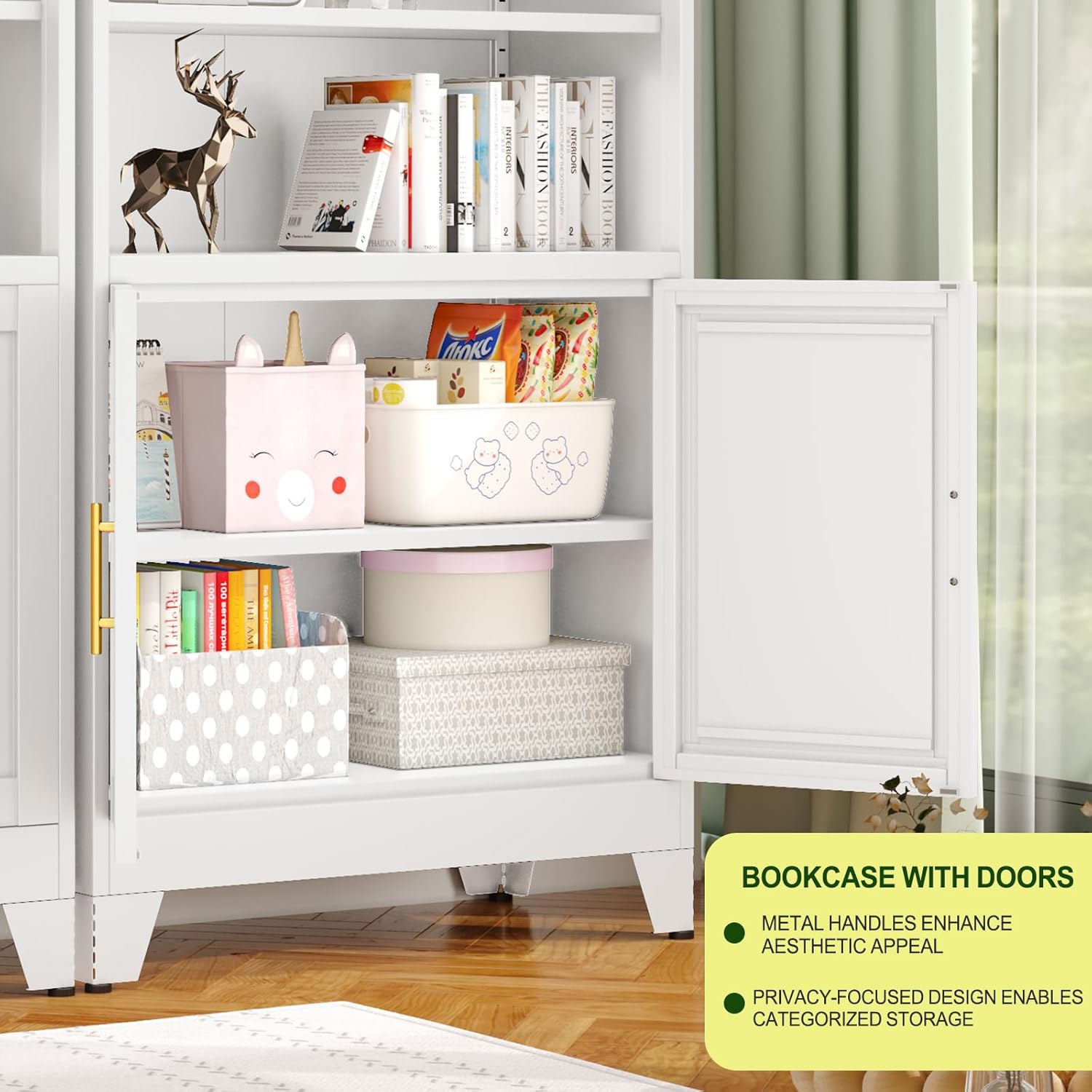 Metal Bookcase with Doors, White 71" Tall Bookcase with Storage, Floor Industrial Bookshelves and Bookcases 6 Tier Shelf Dispaly Storage Shelves for Home Office, Living Room, Bedroom, White - Image 4