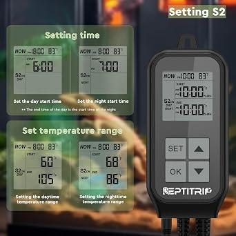 REPTITRIP Reptile Thermostat, Light Timer for Temperature and Lighting Control, Day-Night Timer Thermostat with Reptile Thermometer for UVB Light, Heat Lamp, Heating Pad, 10A 1250w