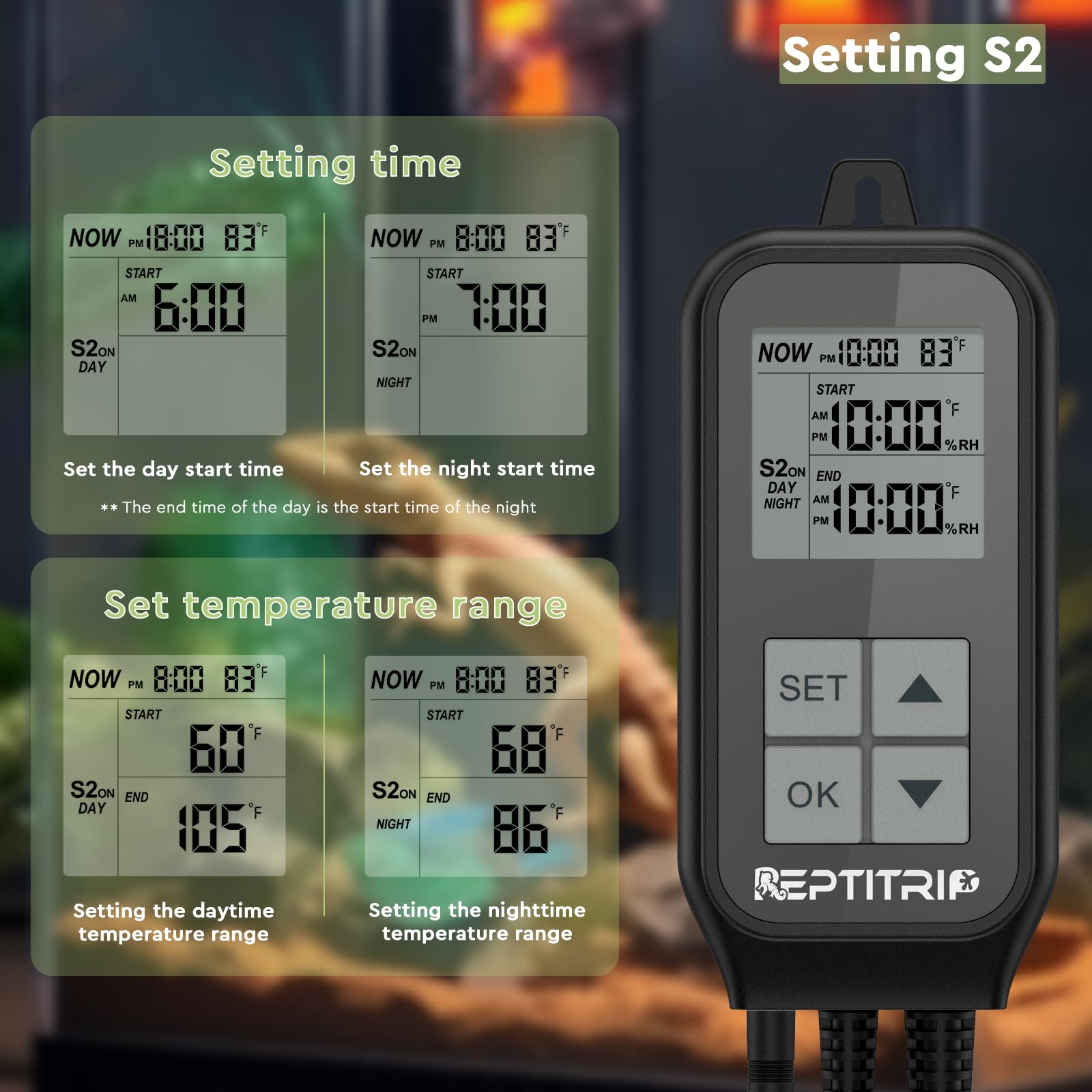 REPTITRIP Termostato para reptiles, temporizador de luz para control de temperatura e iluminación, temporizador de día y noche, termostato con termómetro de reptil para luz UVB, lámpara de calor
