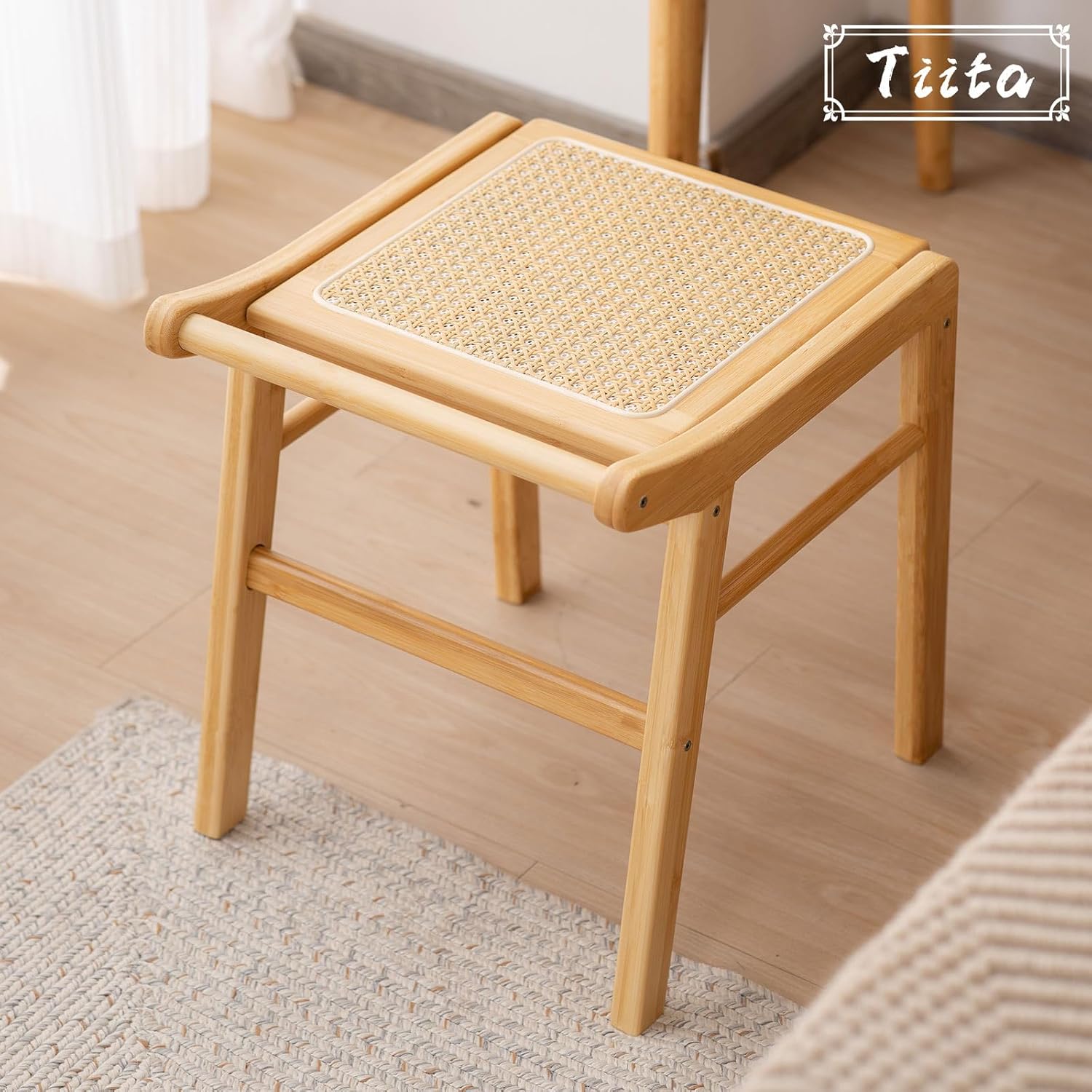 Tiita Vanity Stool – Square Rattan Makeup Stool, Modern Bamboo Dressing Chair, Rectangular Ottoman Step Stool for Bedroom, Living Room, Entryway