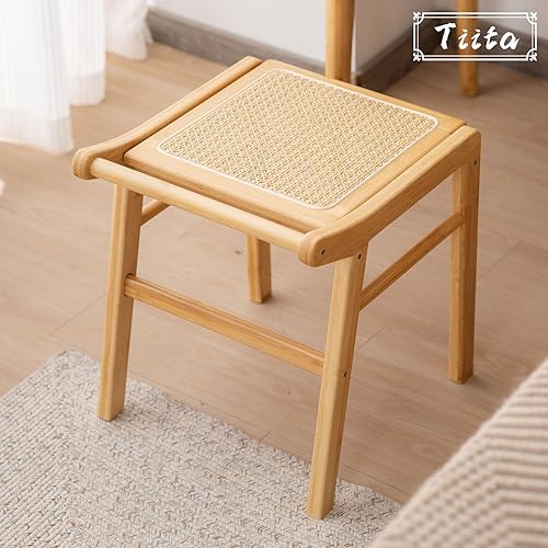 Miniatura 5 de Tiita Taburete de tocador – Taburete de maquillaje cuadrado de ratán, moderno sillón de bambú, taburete otomano rectangular para dormitorio, sala de