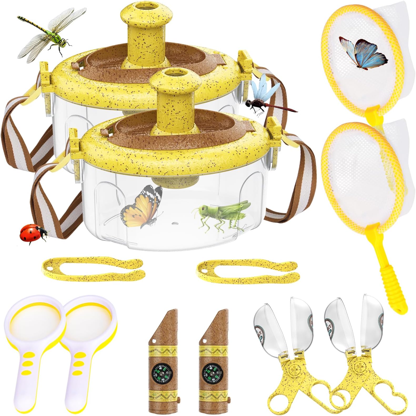2 Sets Bug Catcher Kit for Kids, with Collector Whistle Butterfly Net Magnifying Glass Tweezer, Habitat Outdoor Nature Explorer Kit Toys Easter Gift for Kid Age 3 4 5 6 7 8