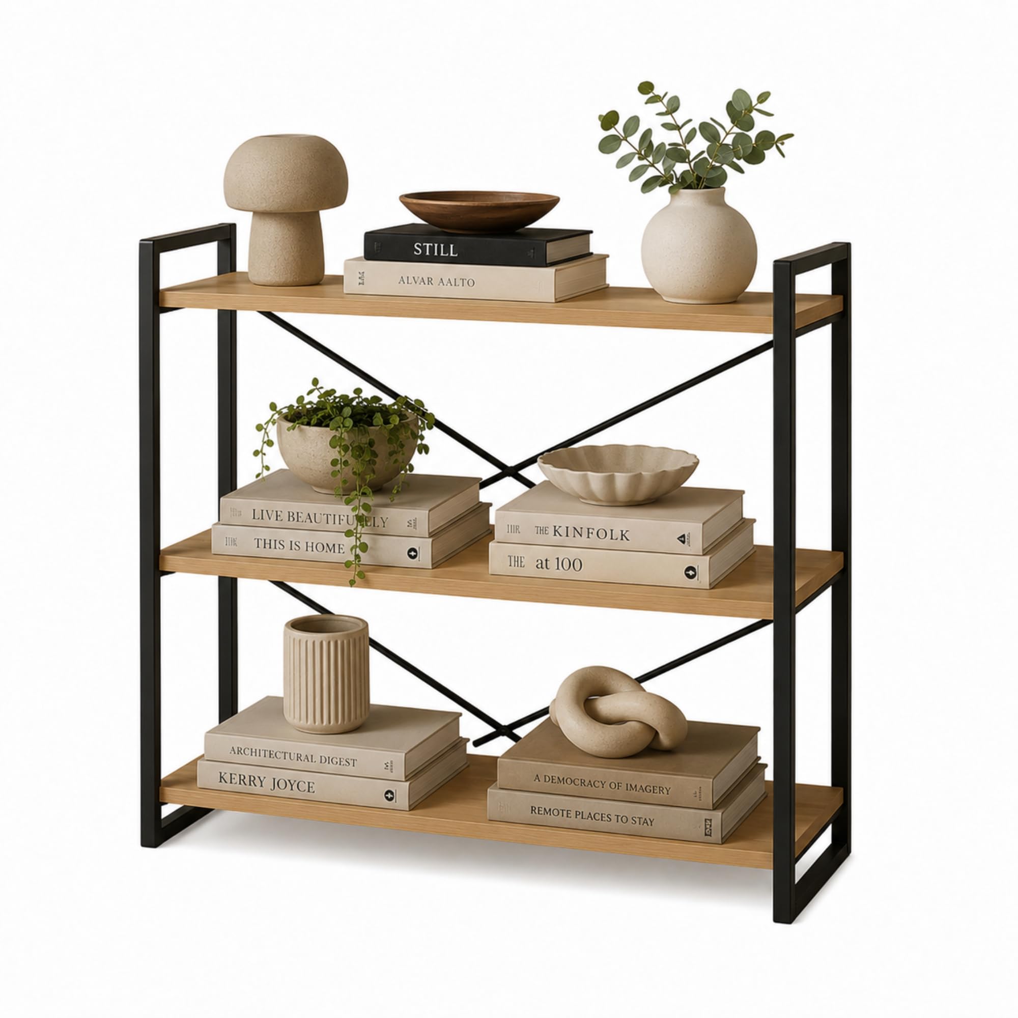 MAKA Scaffale con Struttura in Metallo Soggiorno, Libreria Bassa con 3 Ripiani in Legno, Scaffalatura Bassa Moderna per Bagno, Cucina, Camera da Letto, Facile da Montare, 80x33x66 cm (3 Ripiani)
