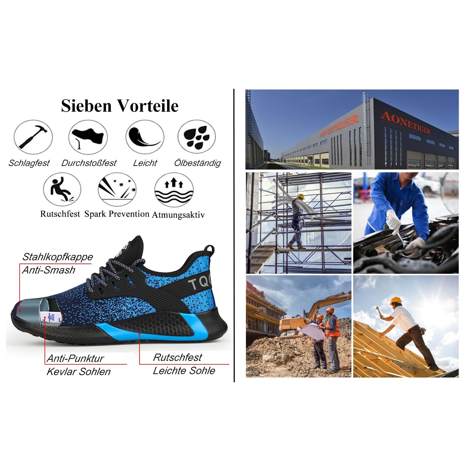 AONETIGER Buty ochronne dla mężczyzn i kobiet, lekkie buty robocze, stalowy nosek, sportowe, oddychające, antypoślizgowe, 8195 niebieski, 47 EU