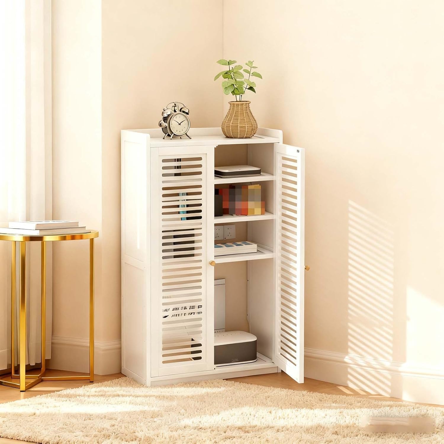 WiFi Router Box Hider Cabinet, Multi-Layer Floor Standing Storage for Home Office, Cable Management Solution for Devices (White, 59x25x97 cm)