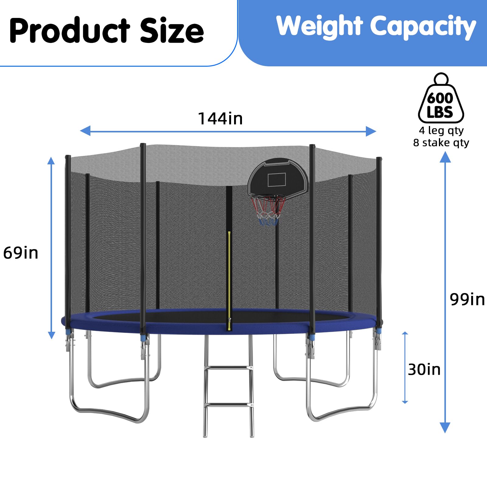 Trampolino da esterno per bambini 305 366 cm, impermeabile, design rinforzato, scala di sicurezza, capacità di carico 200-280 kg, include canestro da basket per attività ricreative in giardino