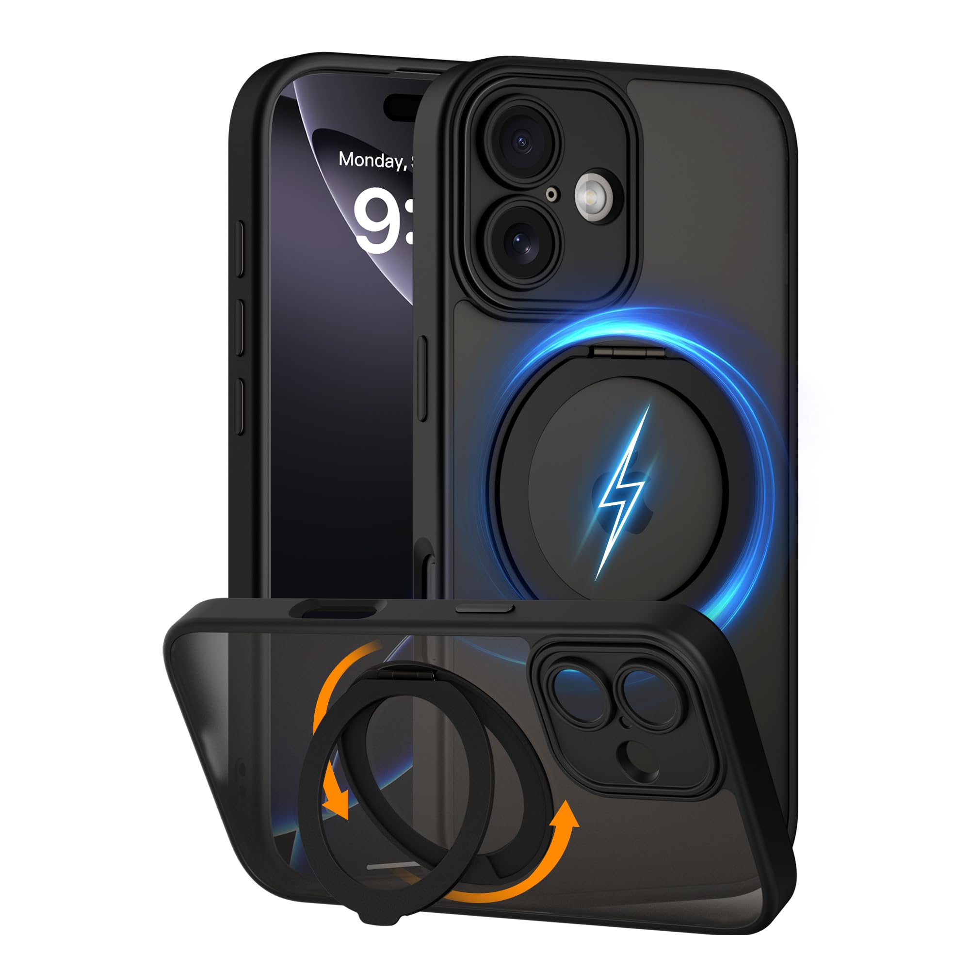 COOLQO for iPhone 16 Plus Case, Compatible with MagSafe, Translucent Matte, 360° Ring Holder Stand, Black